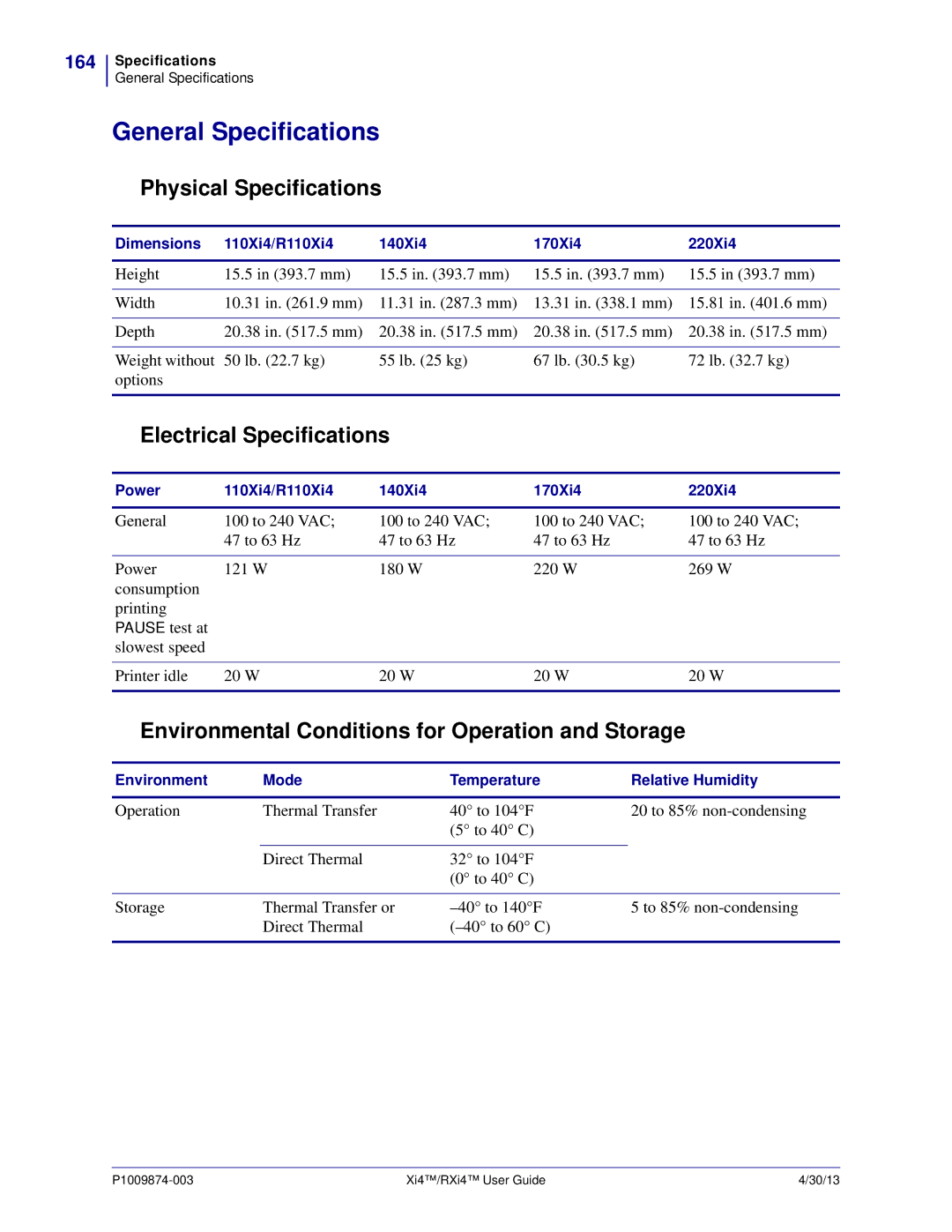 Zebra Technologies 11380100200 manual General Specifications, Physical Specifications, Electrical Specifications, 164 