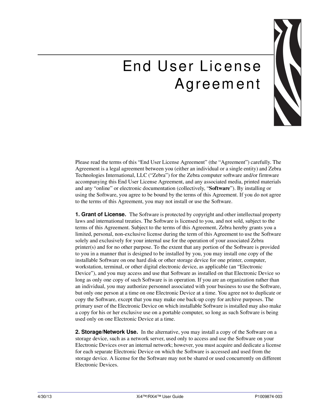 Zebra Technologies 11380100000, 11380100200 manual End User License Agreement 