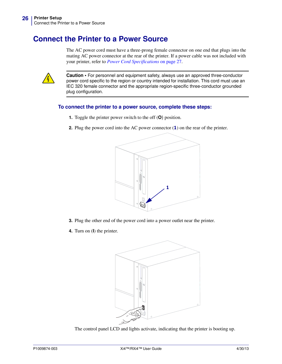 Zebra Technologies 11380100200, 11380100000 manual Connect the Printer to a Power Source 