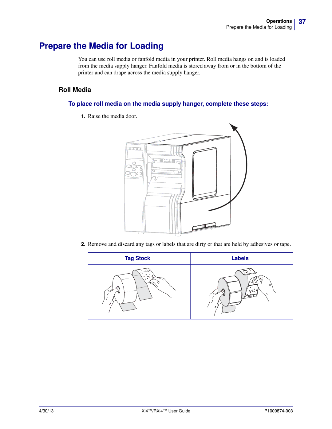 Zebra Technologies 11380100000, 11380100200 manual Prepare the Media for Loading, Roll Media 