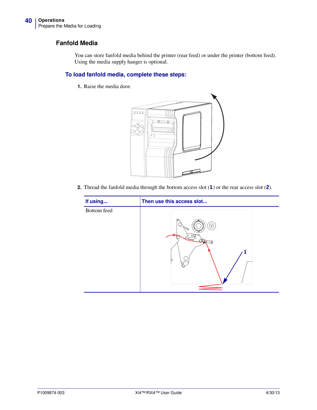 Zebra Technologies 11380100200, 11380100000 manual Fanfold Media, To load fanfold media, complete these steps 