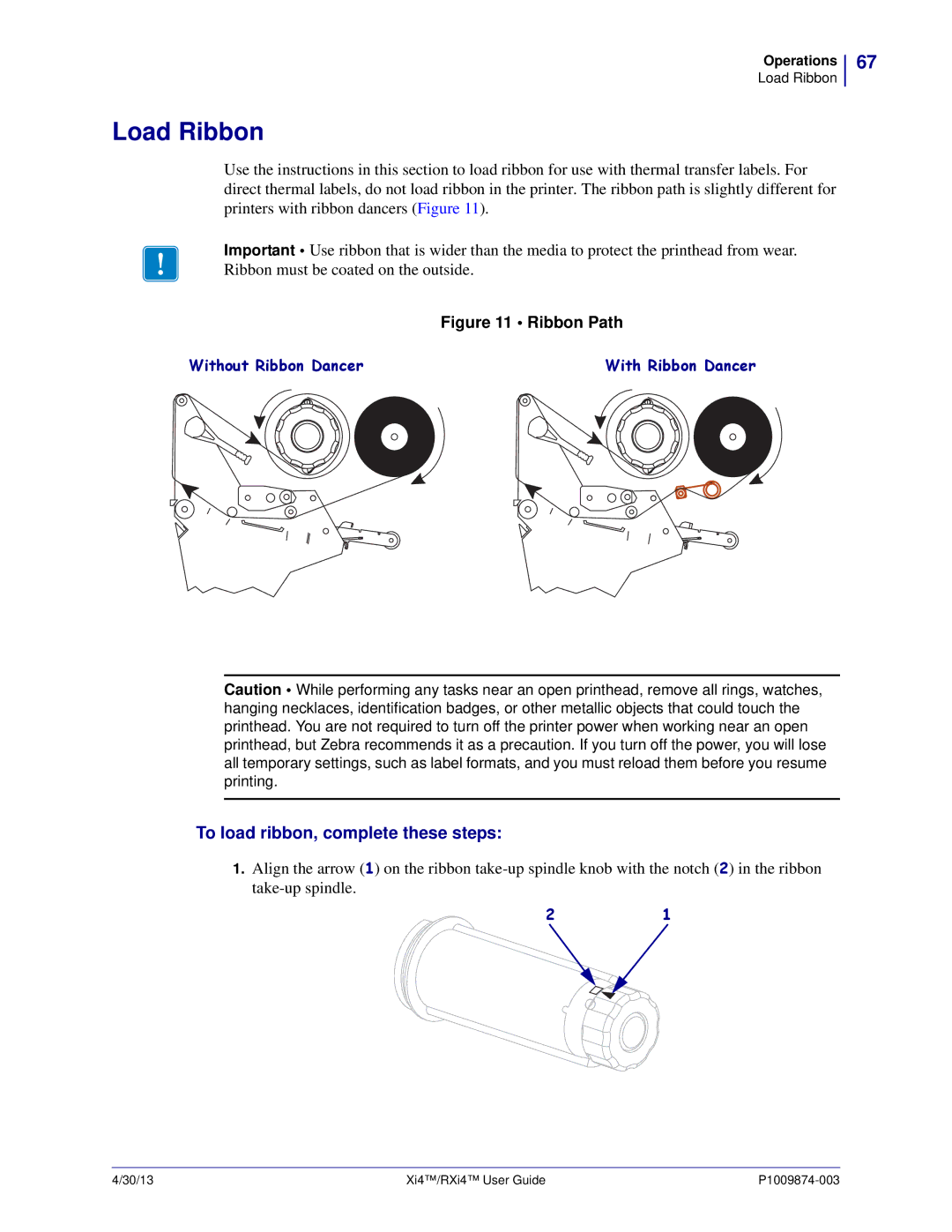 Zebra Technologies 11380100000, 11380100200 manual Load Ribbon, To load ribbon, complete these steps 