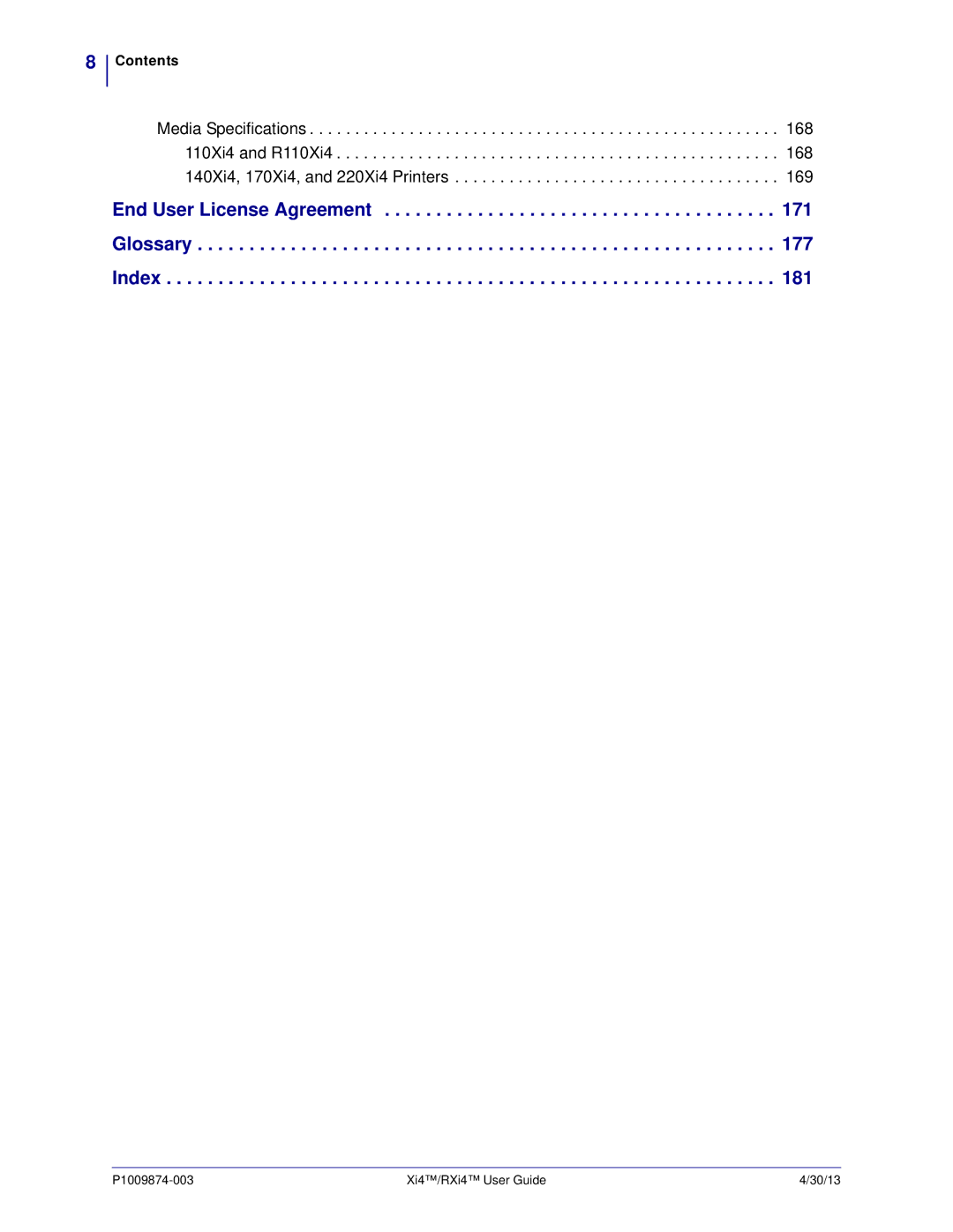 Zebra Technologies 11380100200, 11380100000 manual End User License Agreement Glossary Index 