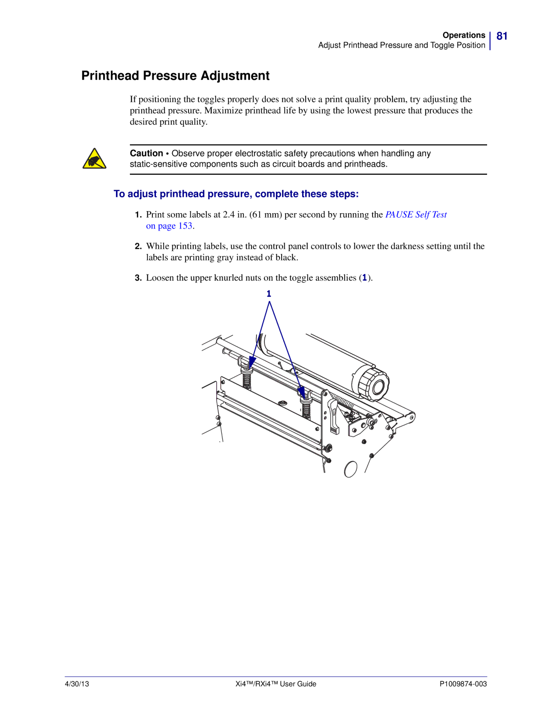 Zebra Technologies 11380100000 manual Printhead Pressure Adjustment, To adjust printhead pressure, complete these steps 