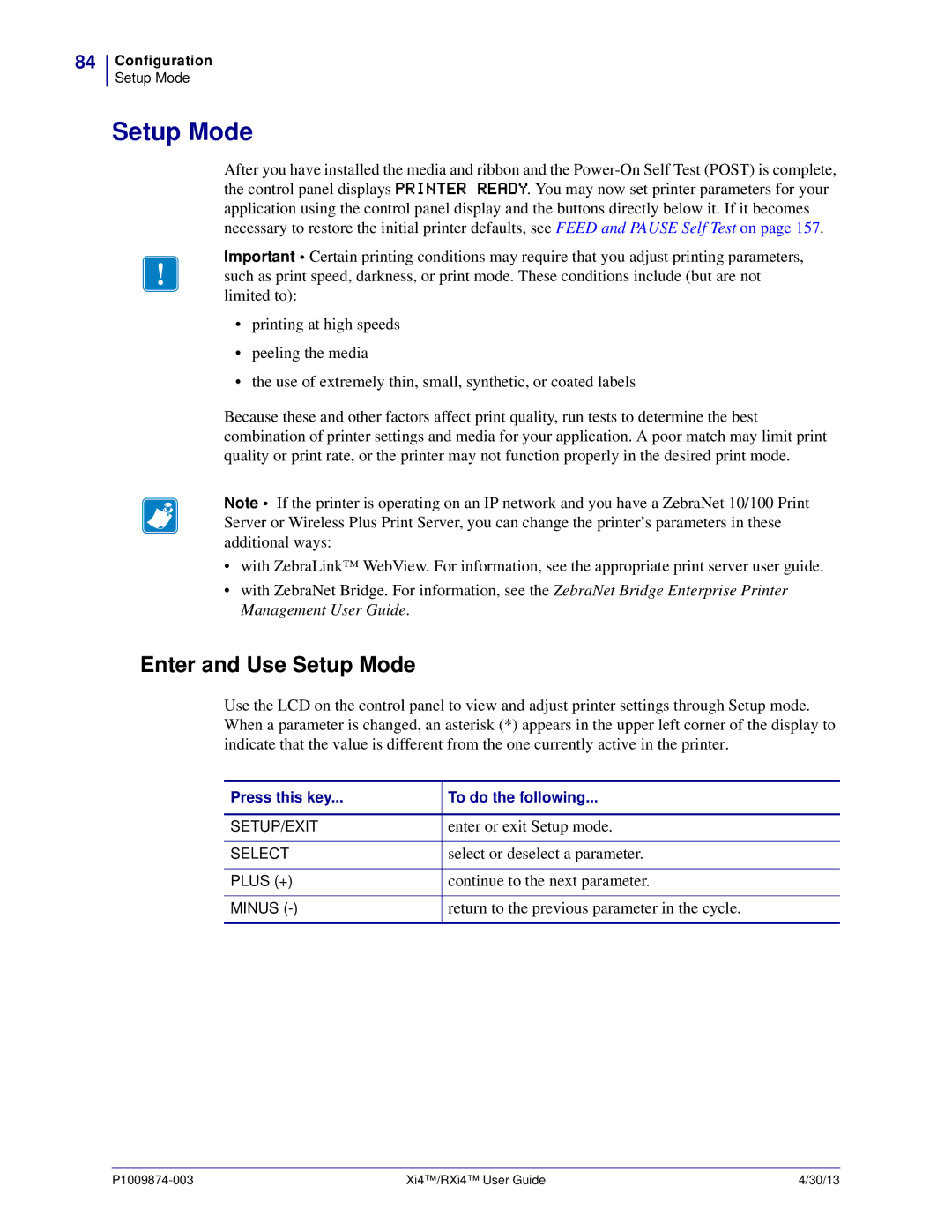 Zebra Technologies 11380100200, 11380100000 manual Enter and Use Setup Mode 