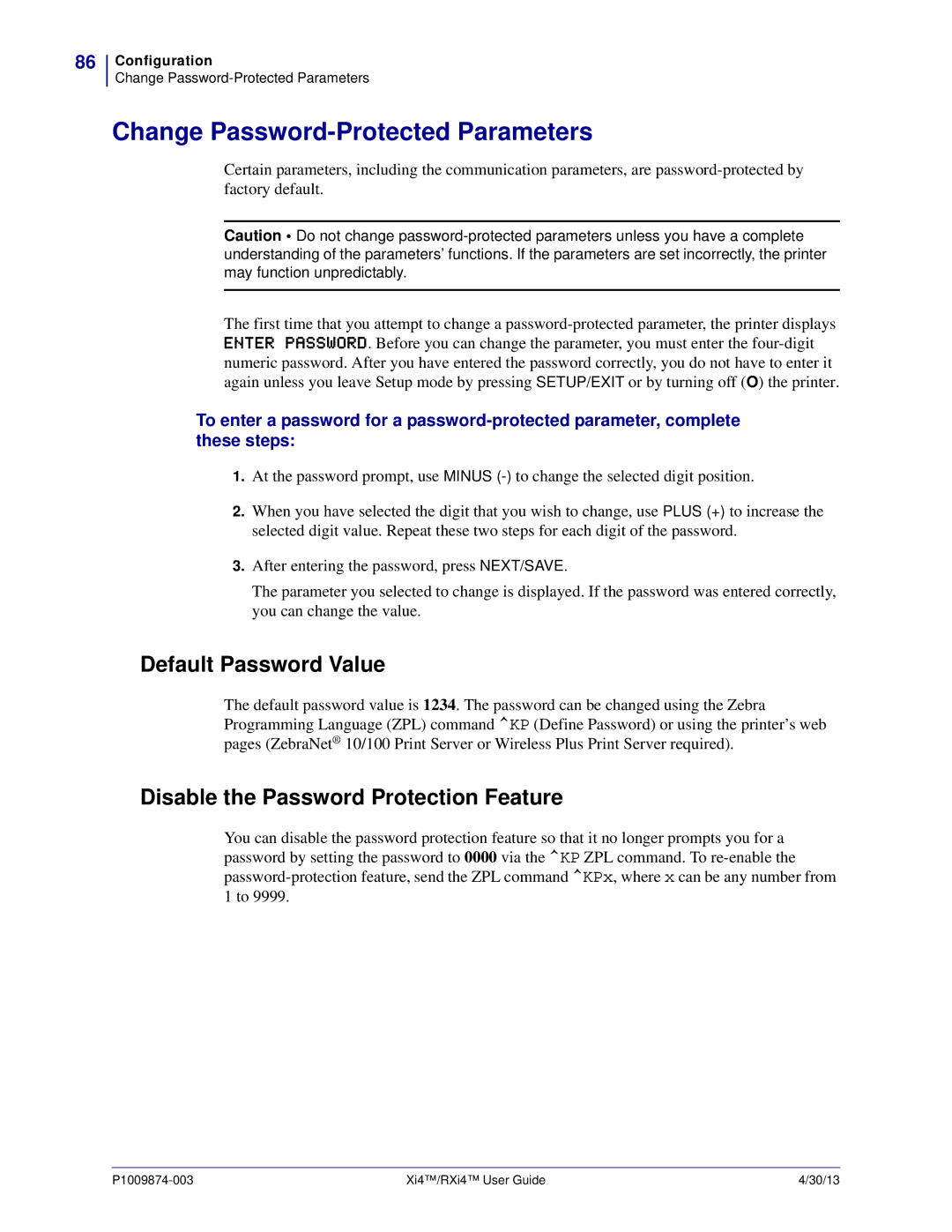 Zebra Technologies 11380100200, 11380100000 manual Change Password-Protected Parameters, Default Password Value 