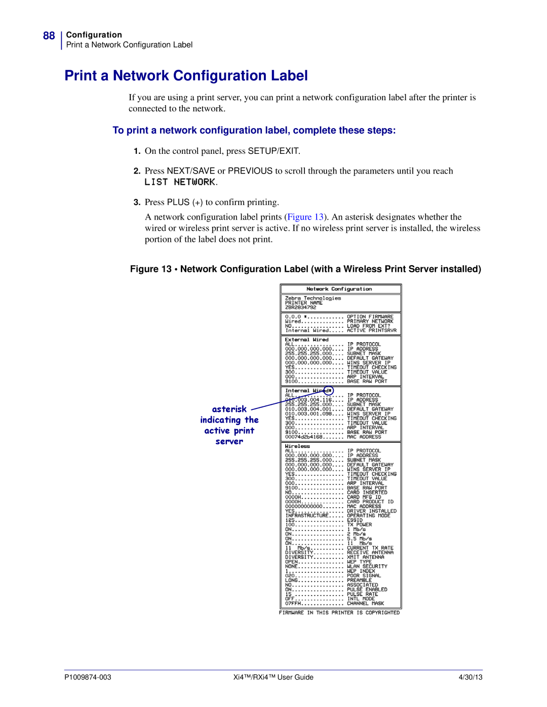 Zebra Technologies 11380100200, 11380100000 manual Print a Network Configuration Label 