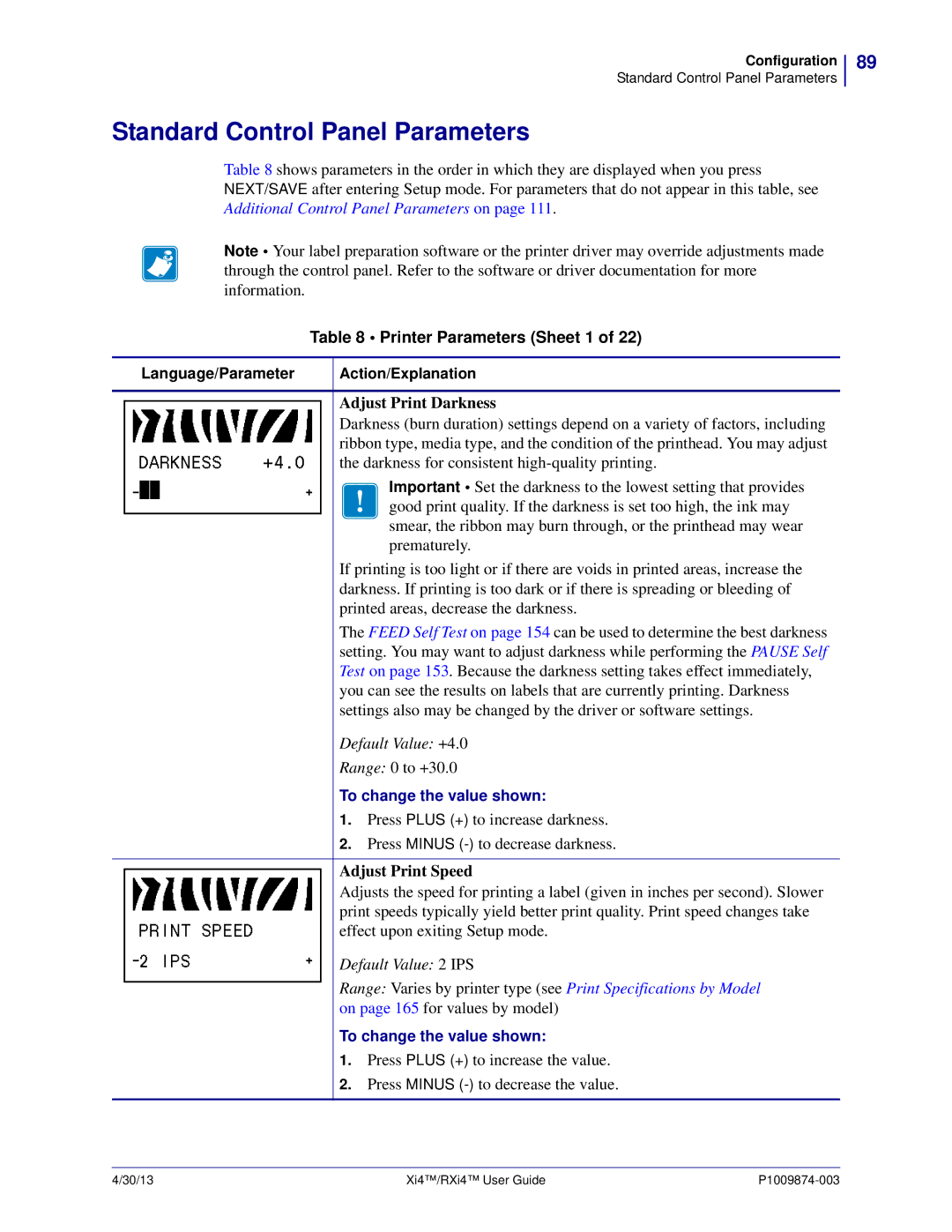 Zebra Technologies 11380100000 manual Standard Control Panel Parameters, Printer Parameters Sheet 1, Adjust Print Darkness 