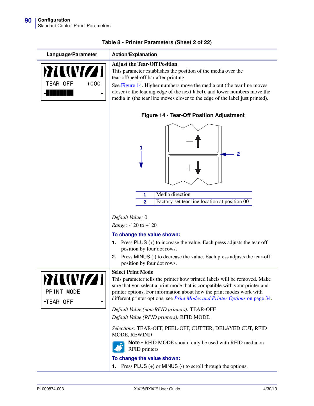 Zebra Technologies 11380100200 Printer Parameters Sheet 2, Adjust the Tear-Off Position, Default Value, Select Print Mode 