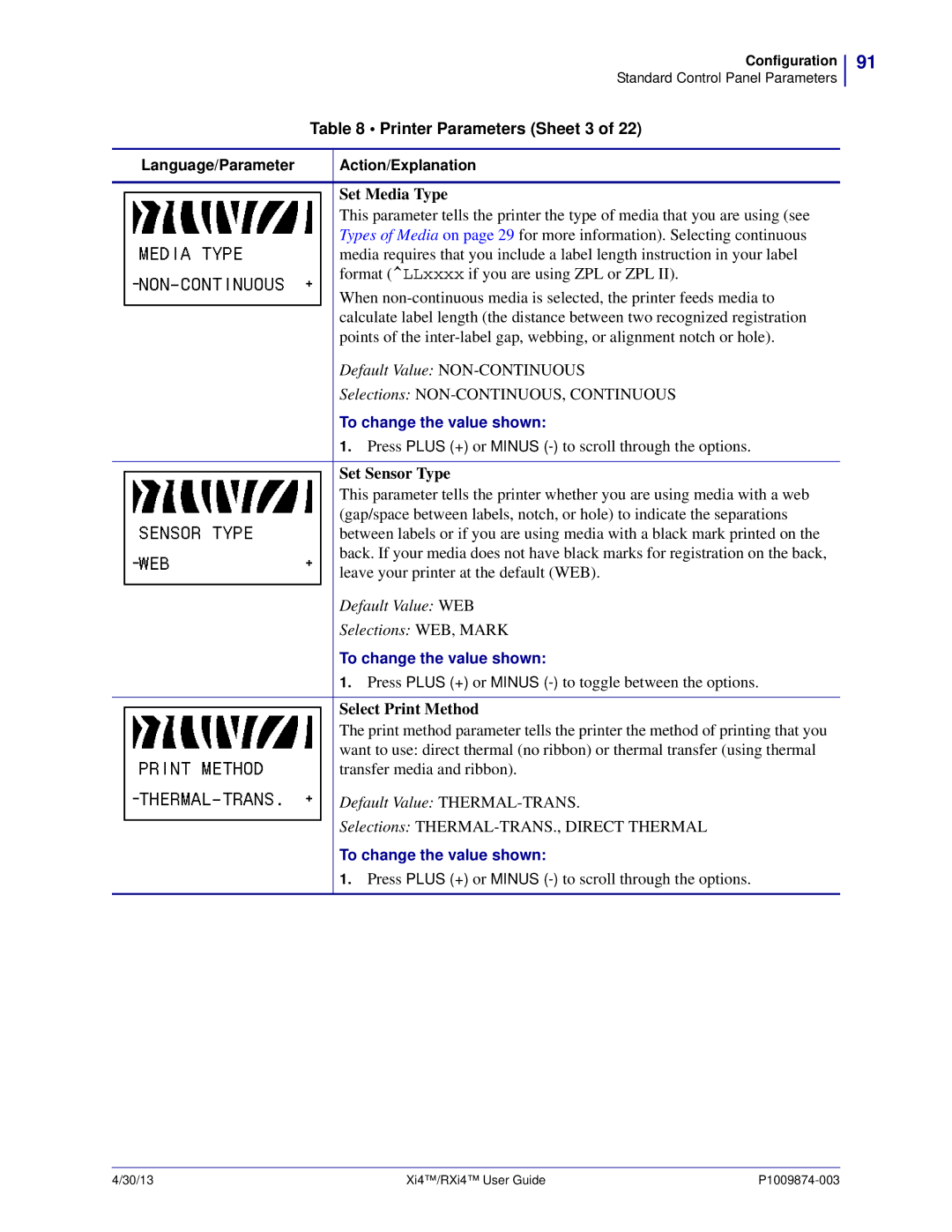 Zebra Technologies 11380100000 manual Printer Parameters Sheet 3, Set Media Type, Set Sensor Type, Select Print Method 