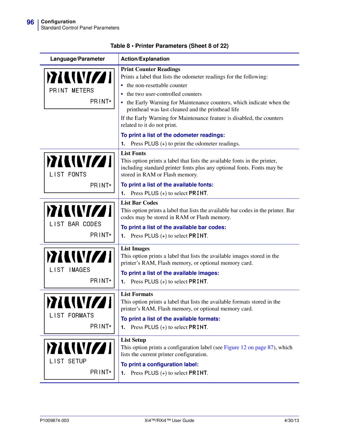 Zebra Technologies 11380100200, 11380100000 manual Printer Parameters Sheet 8 