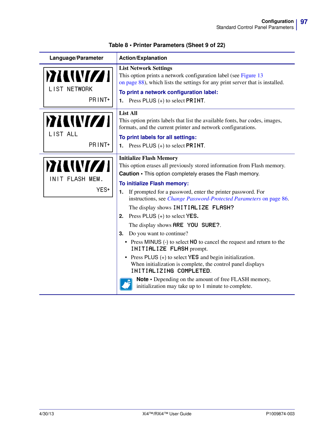 Zebra Technologies 11380100000 manual Printer Parameters Sheet 9, List Network Settings, List All, Initialize Flash Memory 