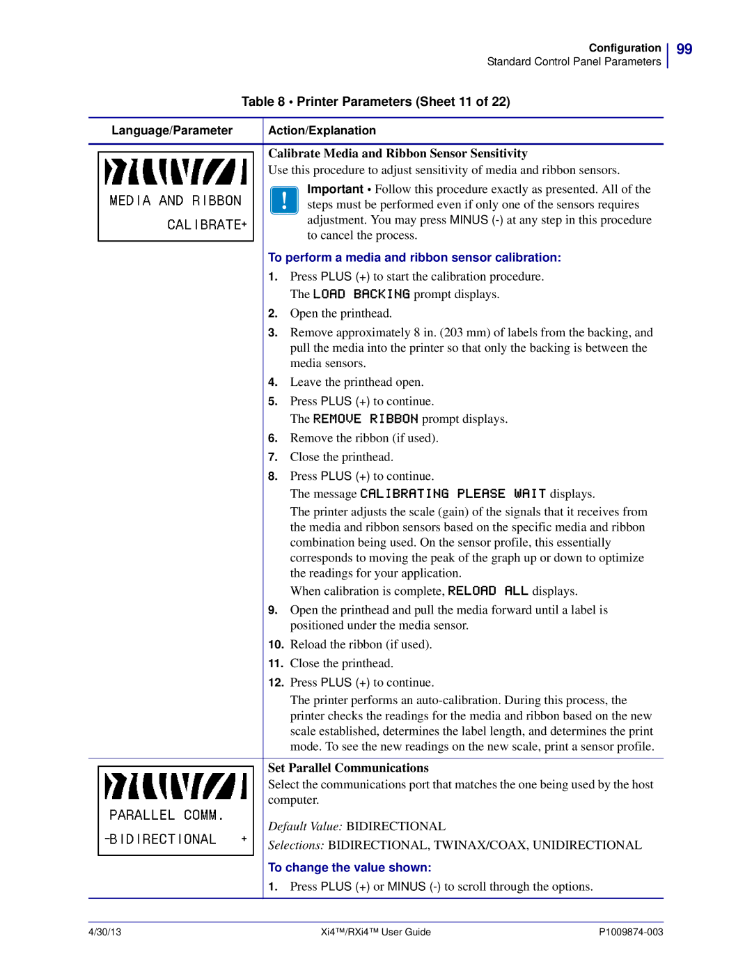 Zebra Technologies 11380100000, 11380100200 Printer Parameters Sheet 11, Calibrate Media and Ribbon Sensor Sensitivity 