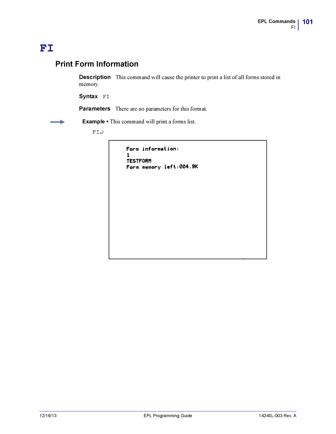 Zebra Technologies 14245L-003 manual Print Form Information, 101, Syntax FI 