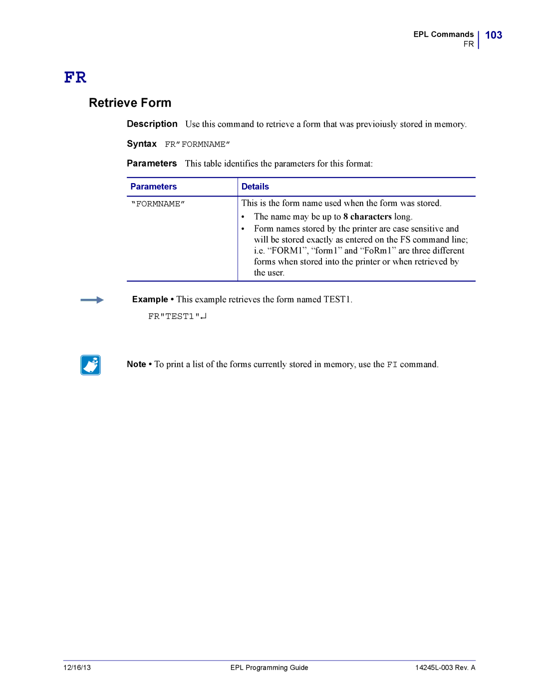 Zebra Technologies 14245L-003 manual Retrieve Form, 103 