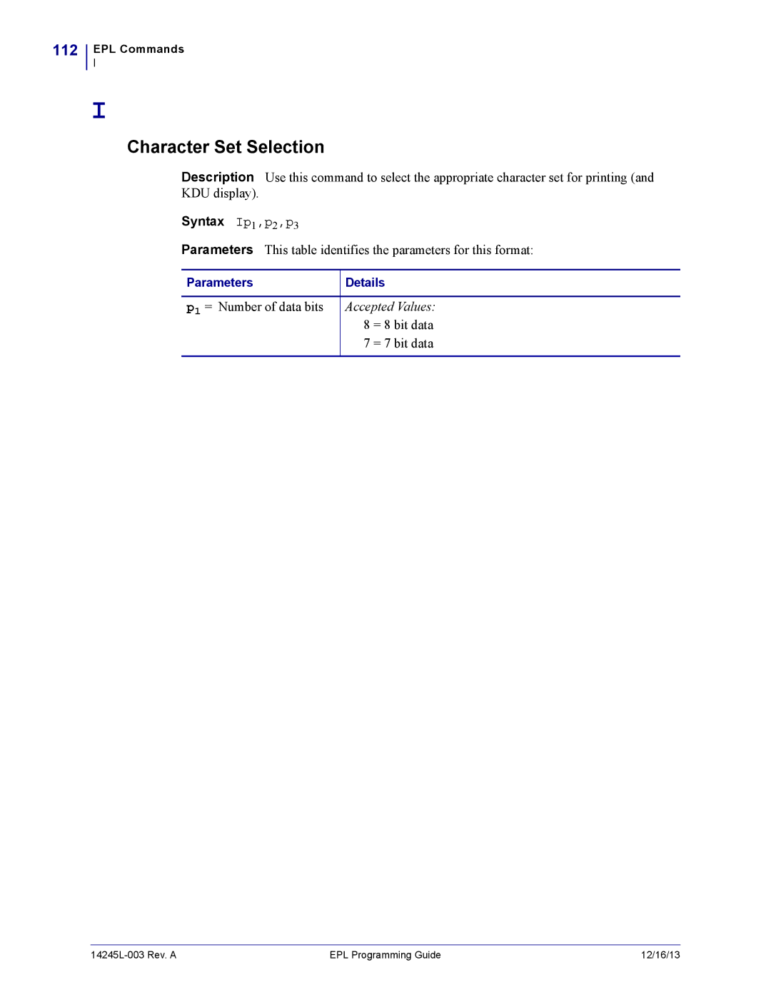 Zebra Technologies 14245L-003 manual Character Set Selection, 112, Syntax Ip1,p2,p3 