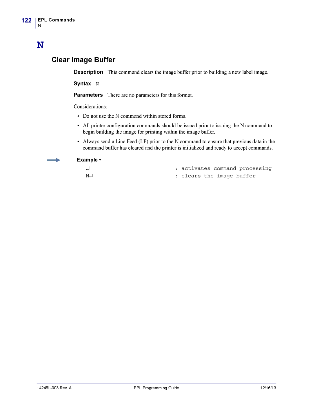 Zebra Technologies 14245L-003 manual Clear Image Buffer, 122, Syntax N 