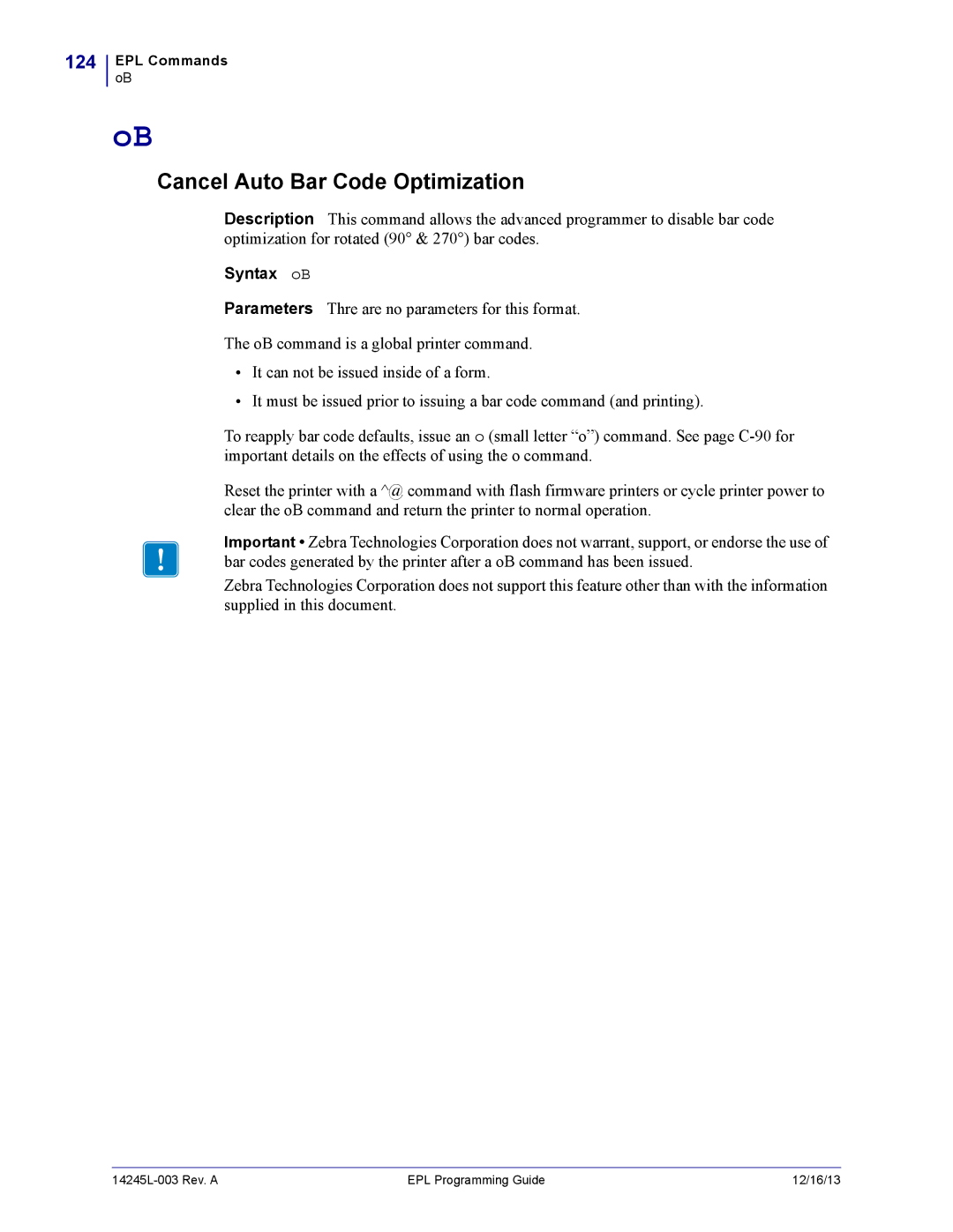 Zebra Technologies 14245L-003 manual Cancel Auto Bar Code Optimization, 124, Syntax oB 