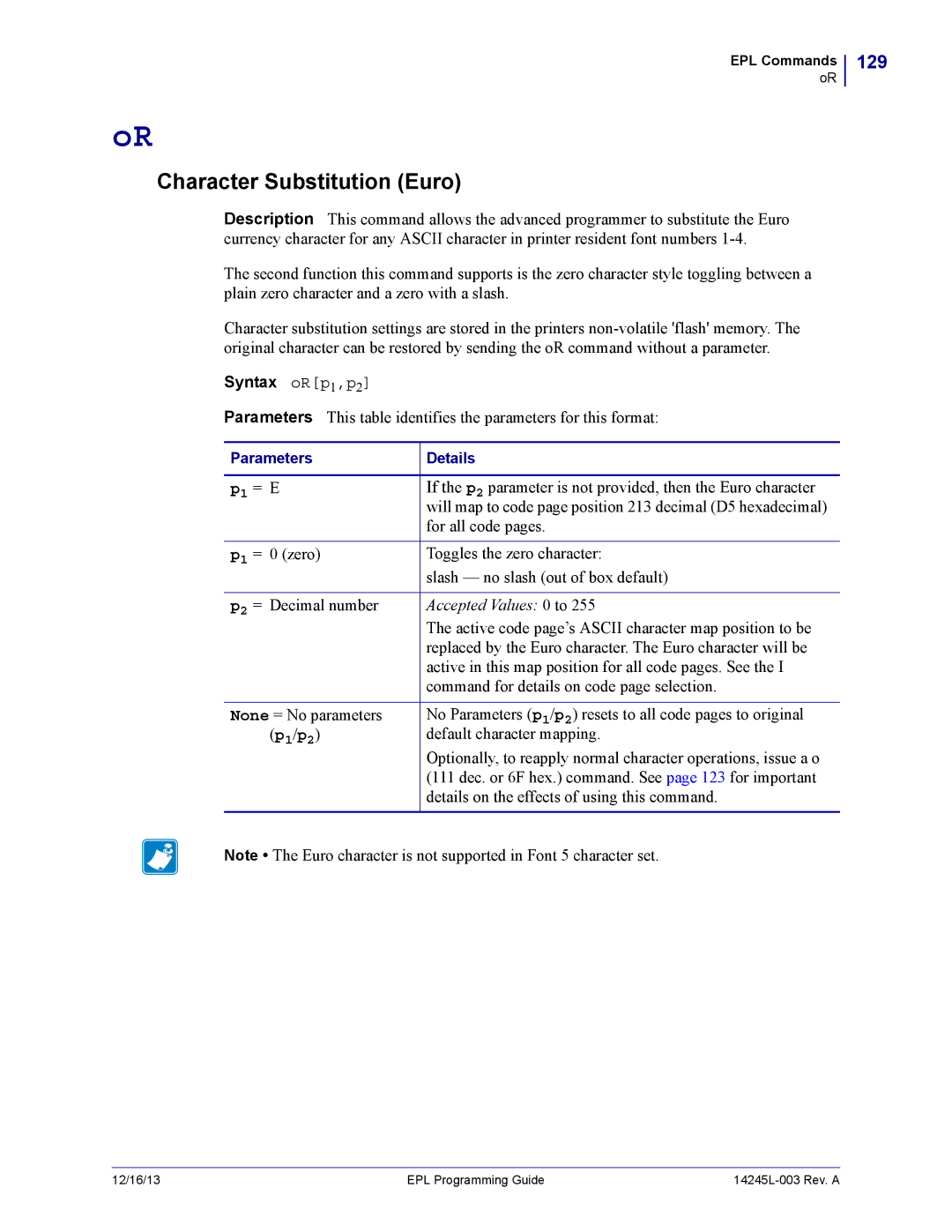 Zebra Technologies 14245L-003 manual Character Substitution Euro, 129, Syntax oRp1,p2 