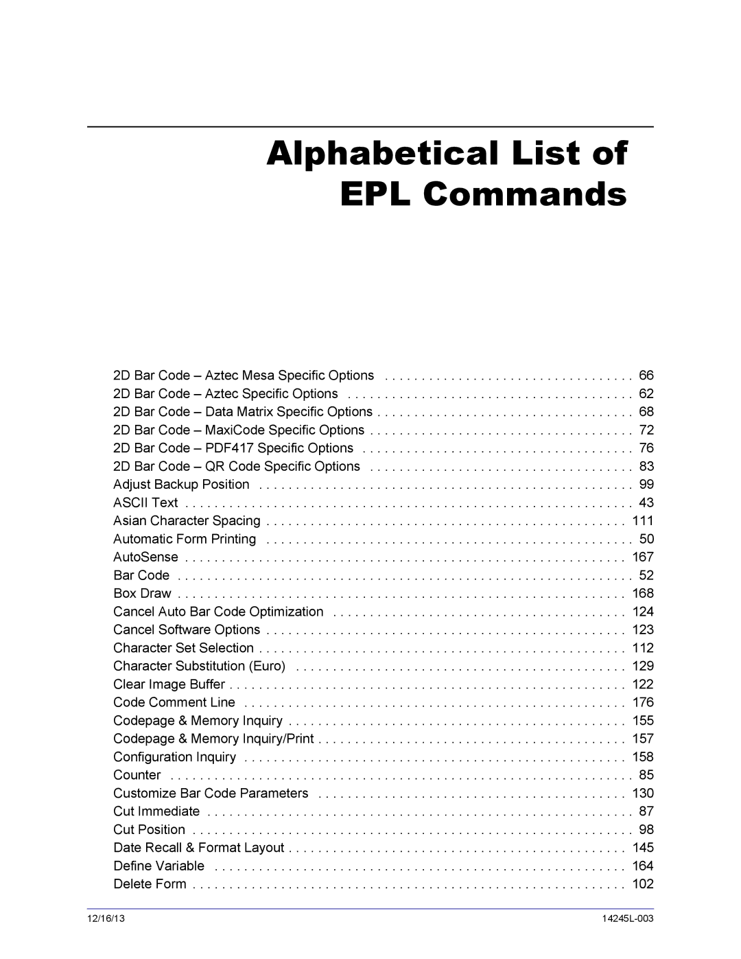 Zebra Technologies 14245L-003 manual Alphabetical List EPL Commands 