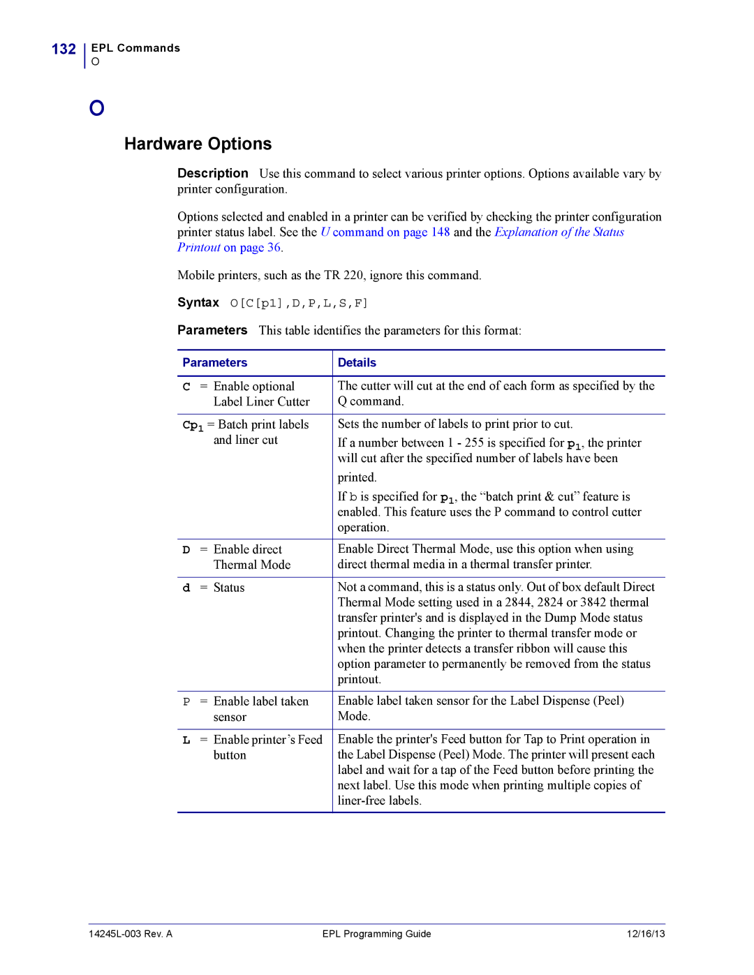 Zebra Technologies 14245L-003 manual Hardware Options, 132 