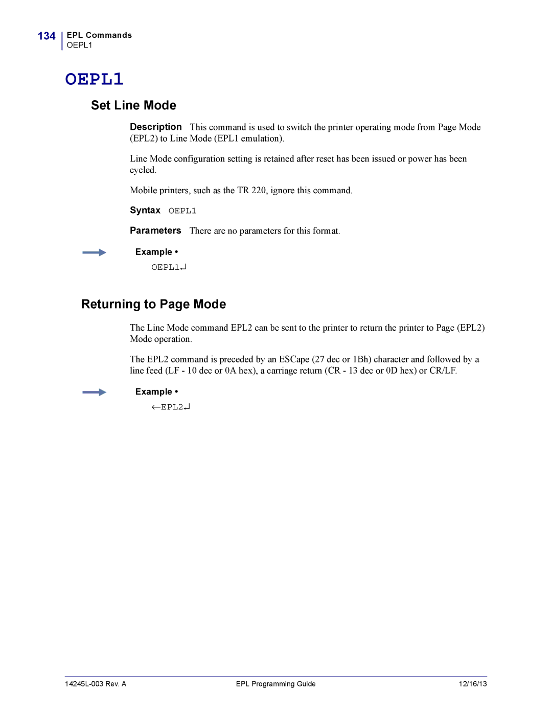 Zebra Technologies 14245L-003 manual Set Line Mode, Returning to Page Mode, 134, Syntax OEPL1 