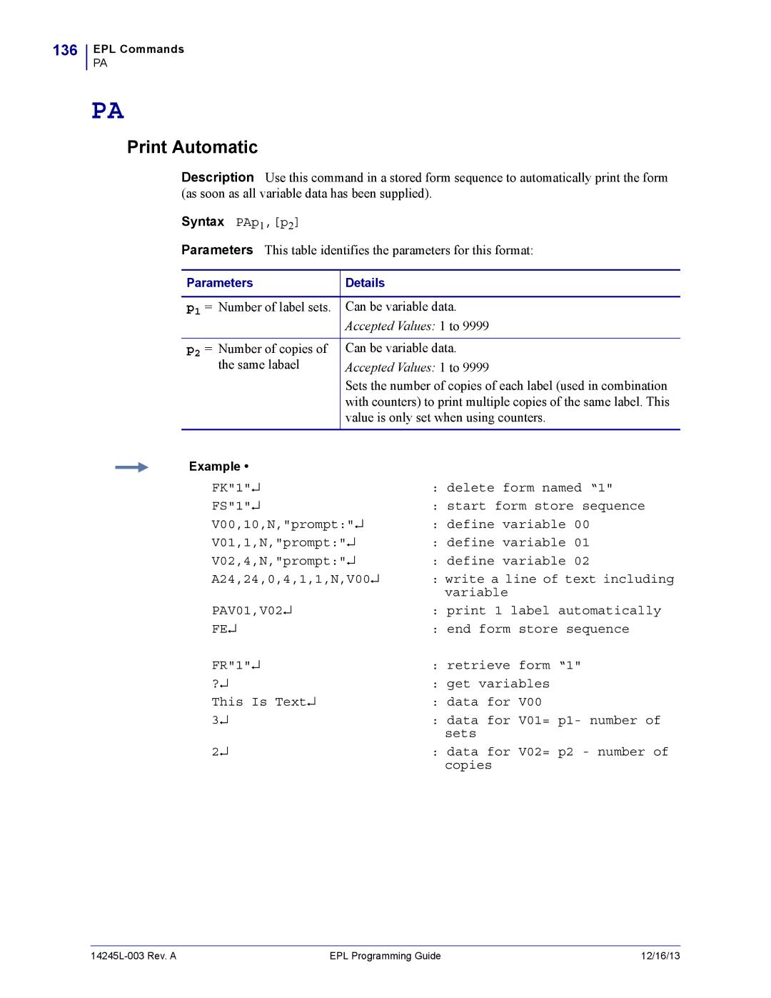 Zebra Technologies 14245L-003 manual Print Automatic, 136, Syntax PAp1,p2 