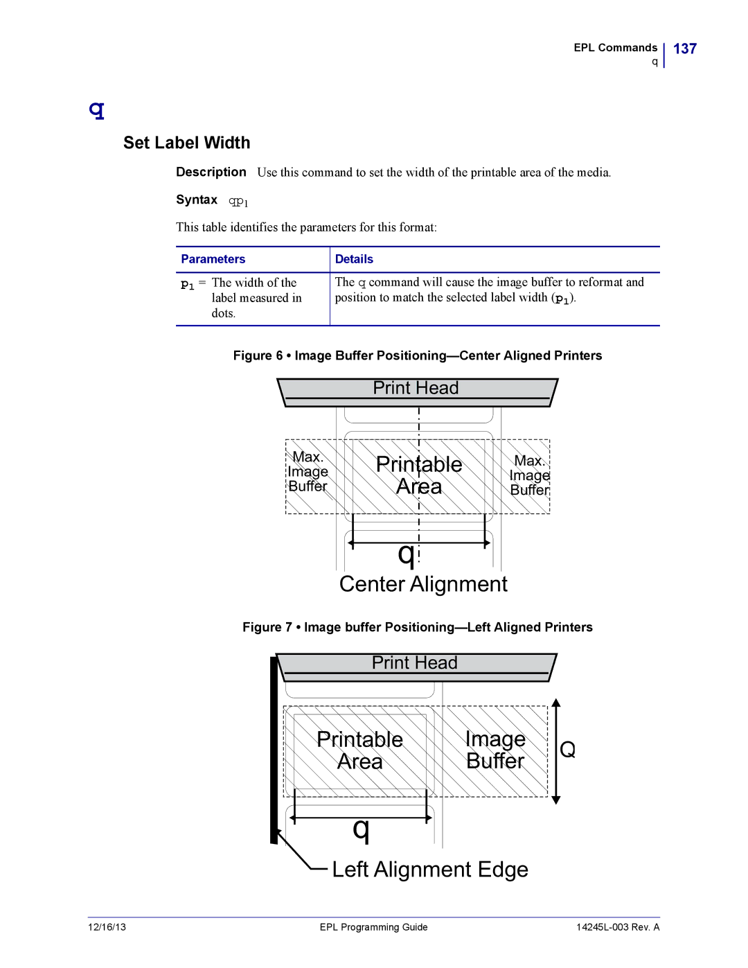 Zebra Technologies 14245L-003 manual Set Label Width, 137, Syntax qp1 