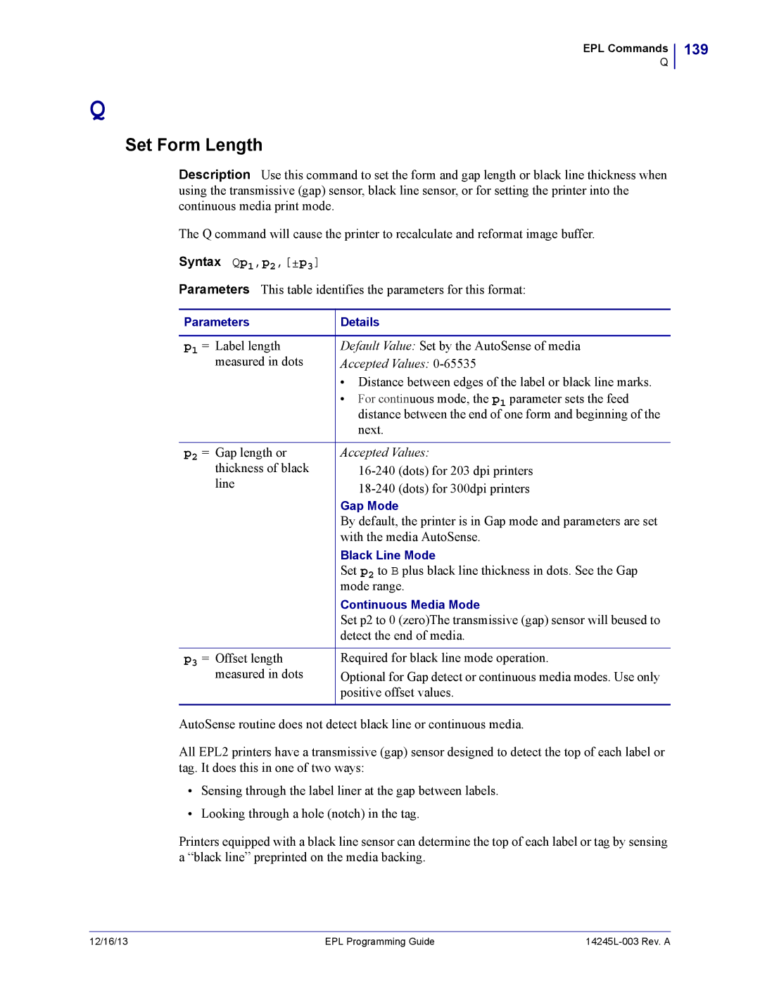 Zebra Technologies 14245L-003 manual Set Form Length, 139, Syntax Qp1,p2,±p3 