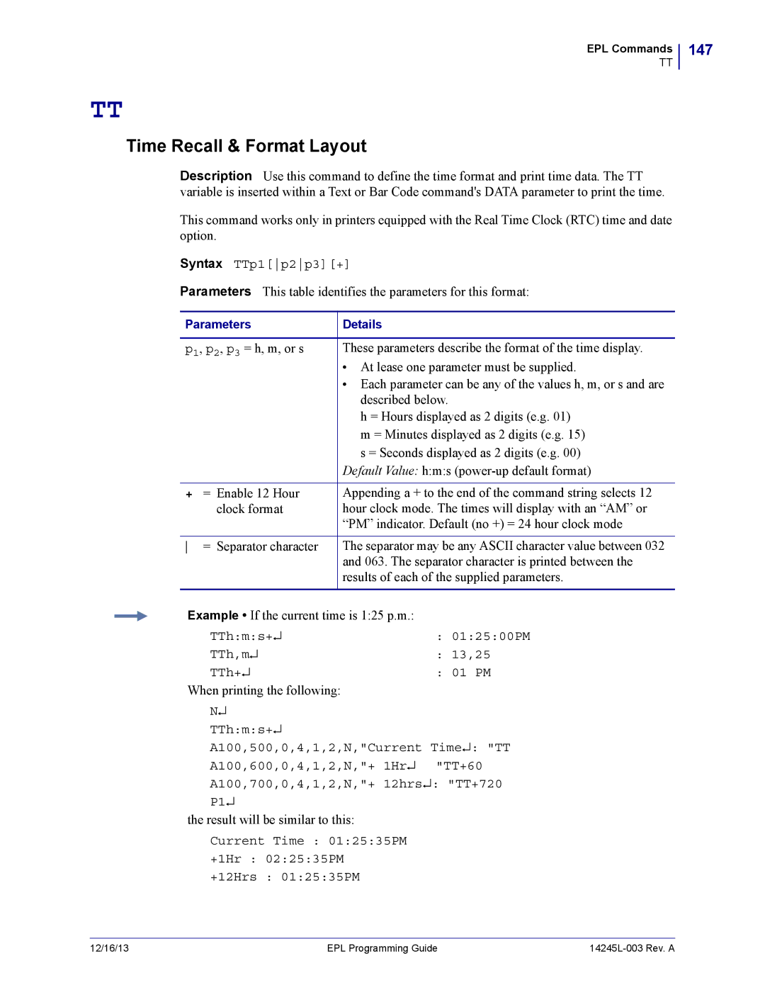 Zebra Technologies 14245L-003 manual Time Recall & Format Layout, 147 