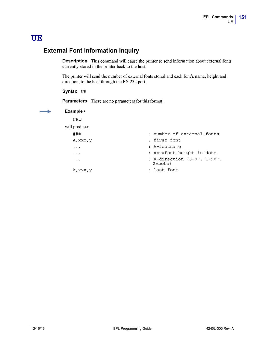 Zebra Technologies 14245L-003 manual External Font Information Inquiry, 151, Syntax UE 