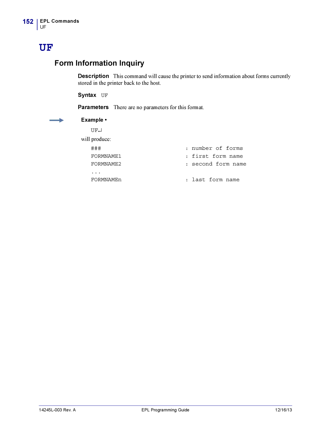 Zebra Technologies 14245L-003 manual Form Information Inquiry, 152, Syntax UF 