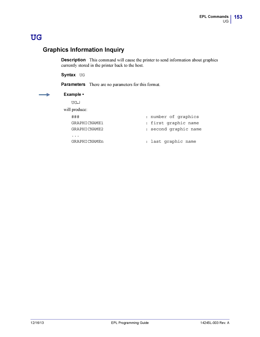 Zebra Technologies 14245L-003 manual Graphics Information Inquiry, 153, Syntax UG 