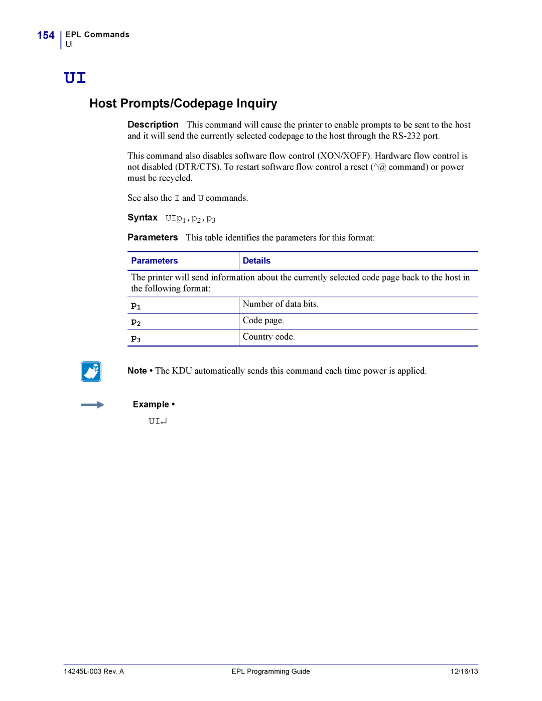 Zebra Technologies 14245L-003 manual Host Prompts/Codepage Inquiry, 154, Syntax UIp1,p2,p3 