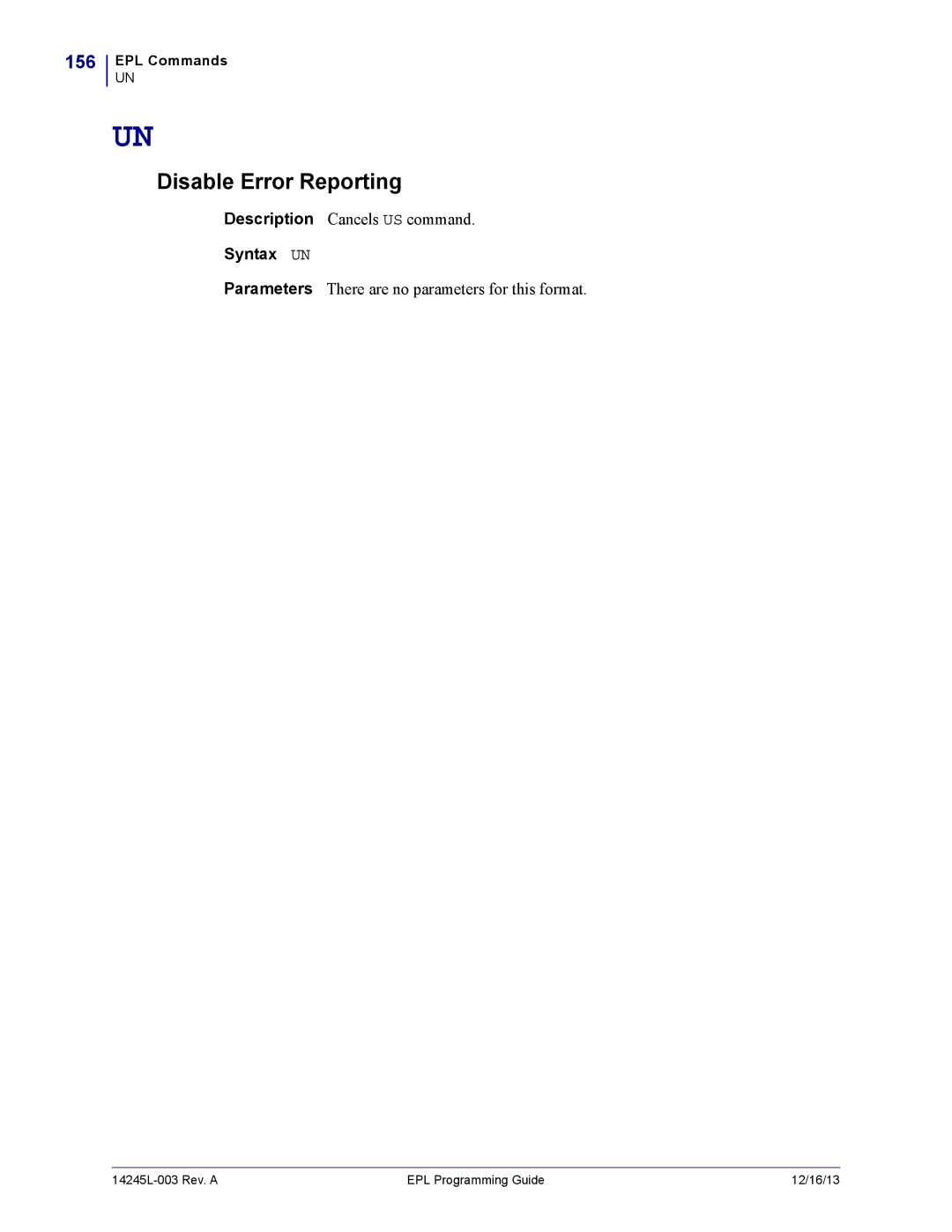 Zebra Technologies 14245L-003 manual Disable Error Reporting, 156, Syntax UN 