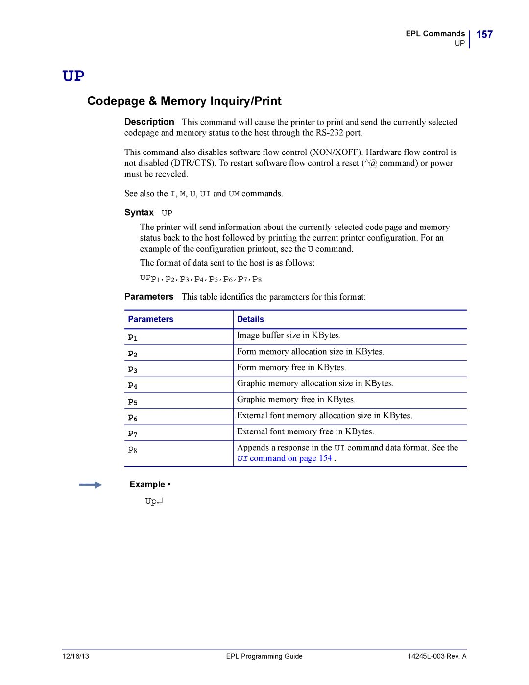 Zebra Technologies 14245L-003 manual Codepage & Memory Inquiry/Print, 157, Syntax UP 