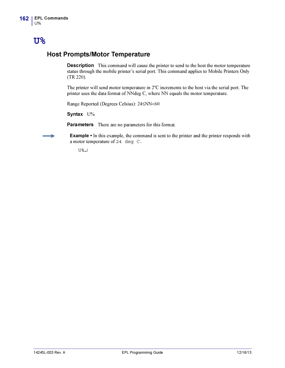 Zebra Technologies 14245L-003 manual Host Prompts/Motor Temperature, 162, Syntax U% 