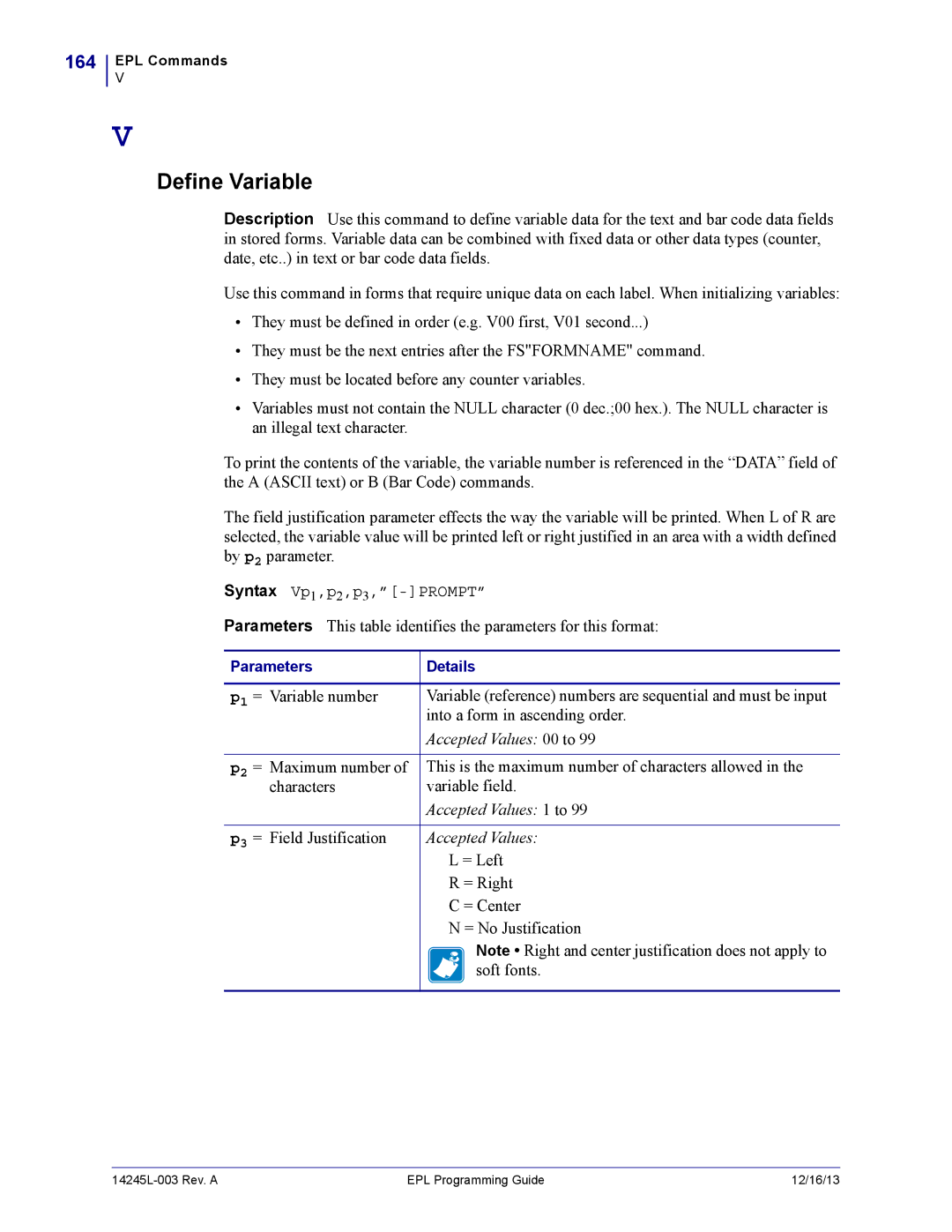 Zebra Technologies 14245L-003 manual Define Variable, 164 