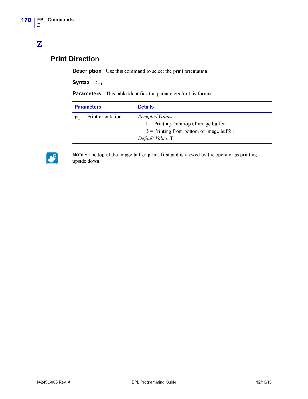 Zebra Technologies 14245L-003 manual Print Direction, 170, Syntax Zp1 