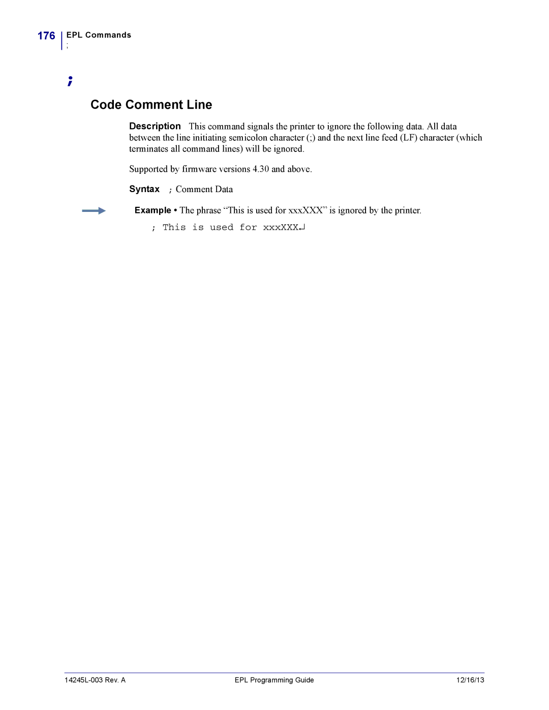 Zebra Technologies 14245L-003 manual Code Comment Line, 176, This is used for 