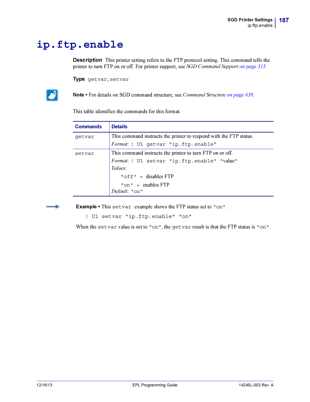 Zebra Technologies 14245L-003 manual Ip.ftp.enable, 187, U1 setvar ip.ftp.enable on 