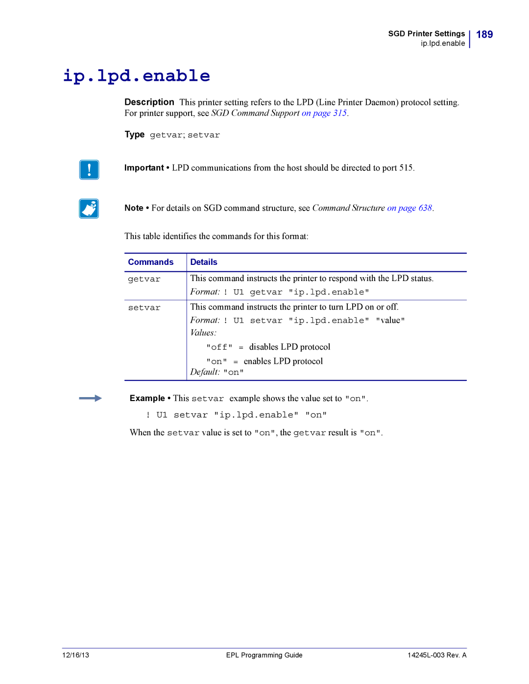 Zebra Technologies 14245L-003 manual Ip.lpd.enable, 189, U1 setvar ip.lpd.enable on 