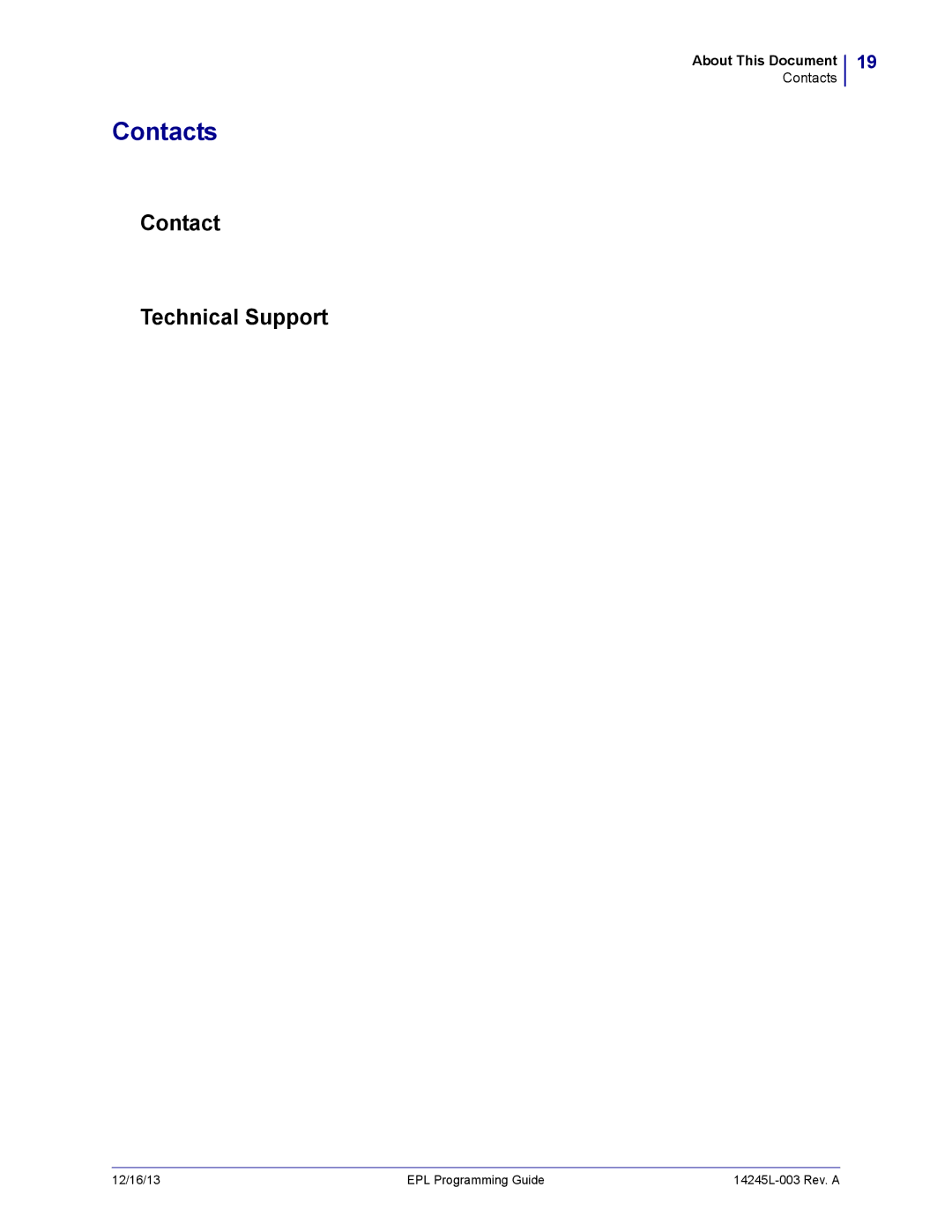 Zebra Technologies 14245L-003 manual Contacts, Contact Technical Support 