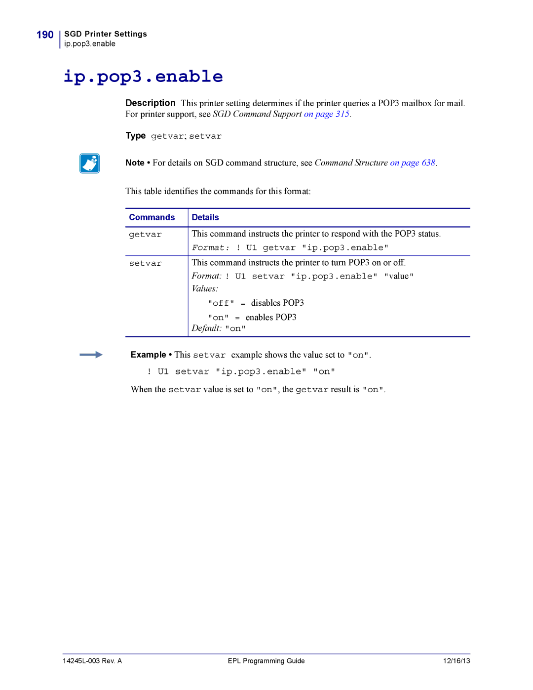 Zebra Technologies 14245L-003 manual Ip.pop3.enable, 190 