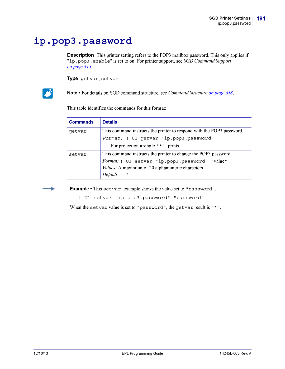 Zebra Technologies 14245L-003 manual Ip.pop3.password, 191 