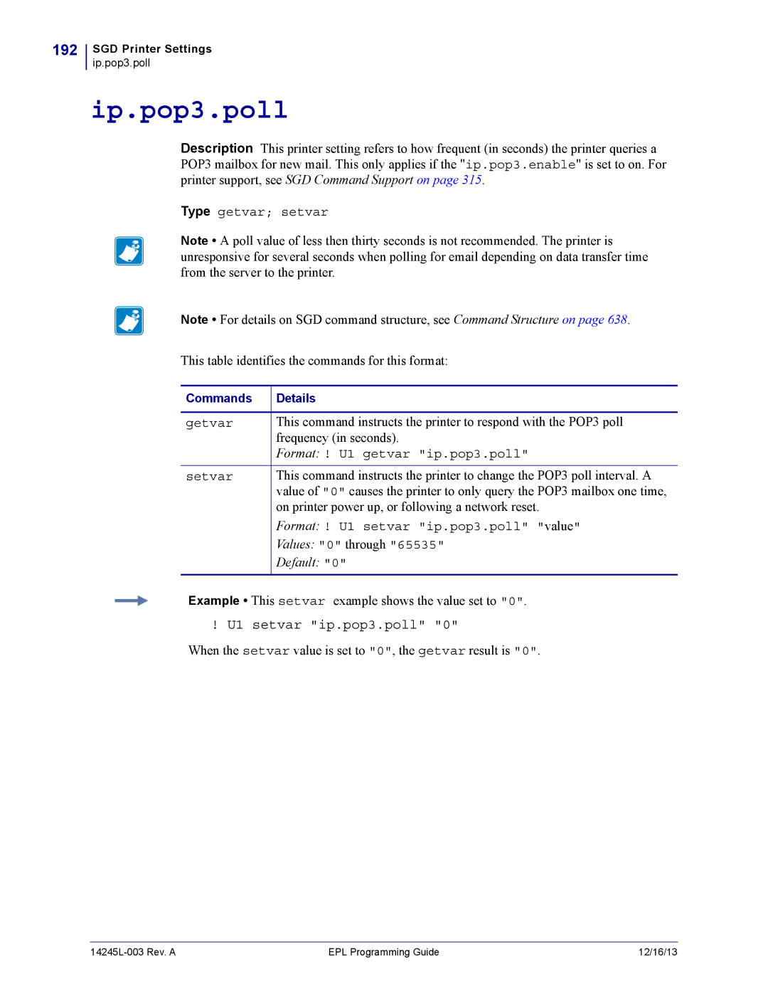 Zebra Technologies 14245L-003 manual Ip.pop3.poll, 192, U1 setvar ip.pop3.poll 