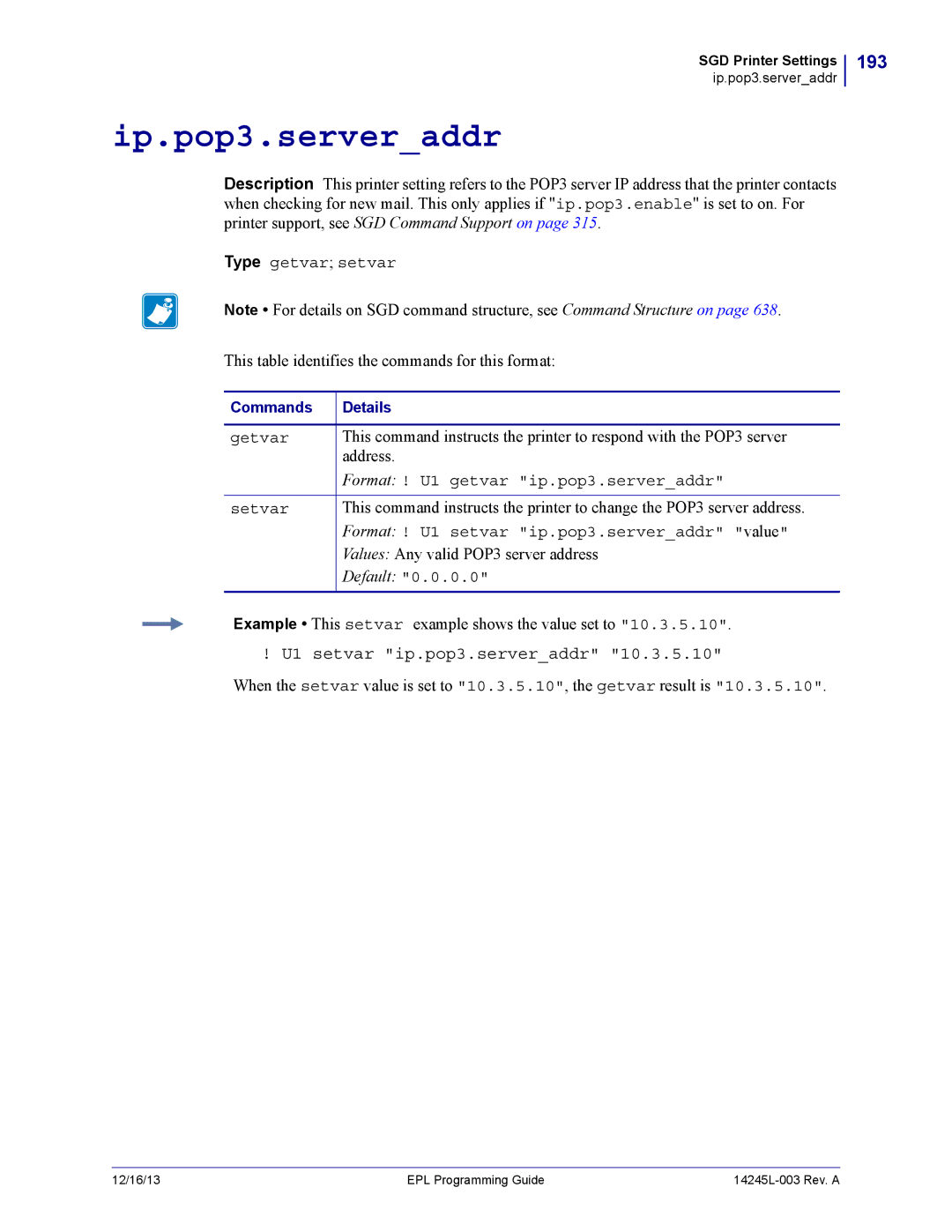 Zebra Technologies 14245L-003 manual Ip.pop3.serveraddr, 193, U1 setvar ip.pop3.serveraddr 