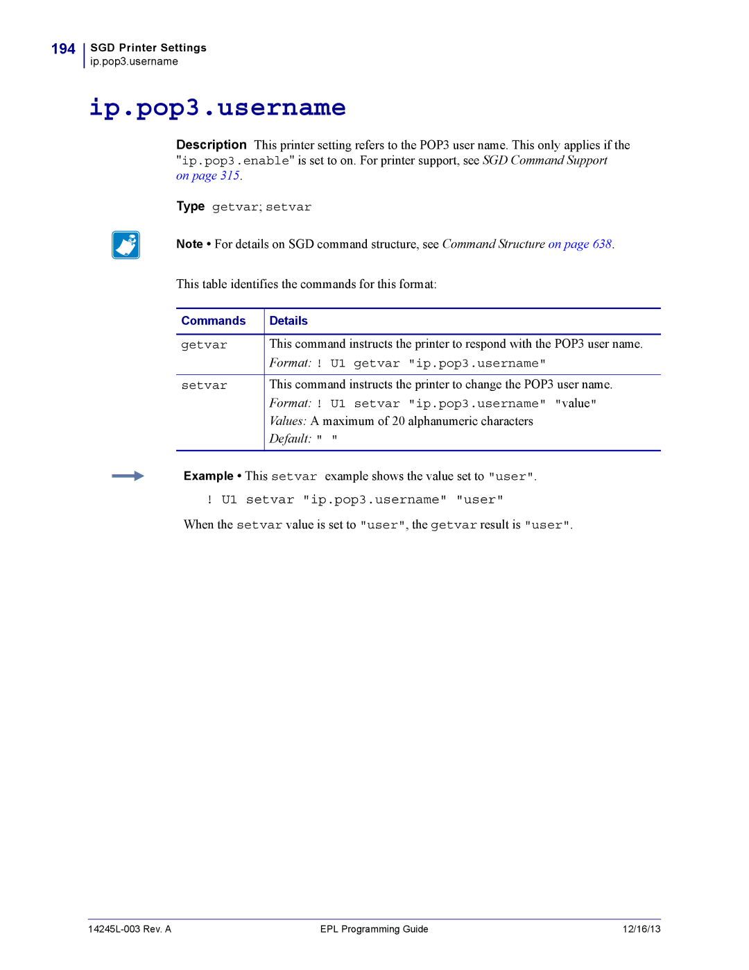Zebra Technologies 14245L-003 manual Ip.pop3.username, 194, U1 setvar ip.pop3.username user 