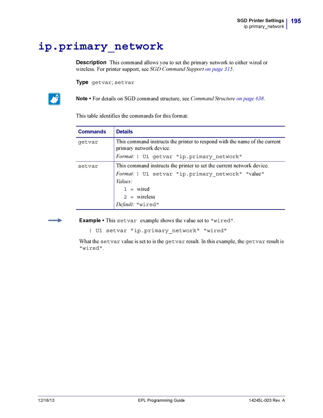 Zebra Technologies 14245L-003 manual Ip.primarynetwork, 195, U1 setvar ip.primarynetwork wired 