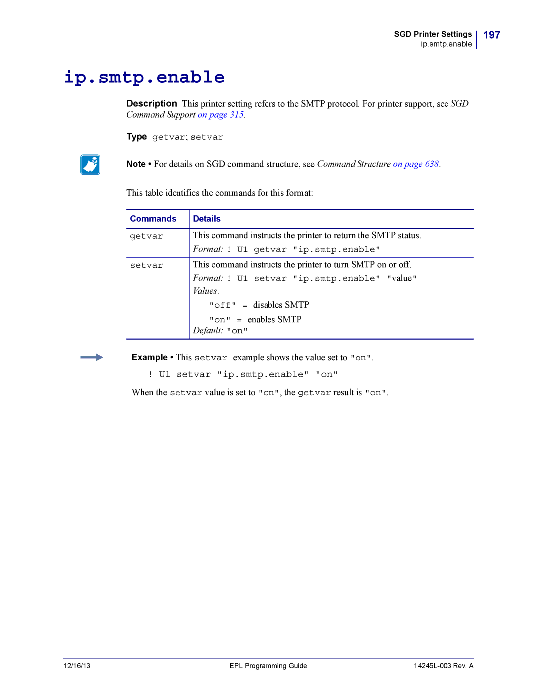 Zebra Technologies 14245L-003 manual Ip.smtp.enable, 197, U1 setvar ip.smtp.enable on 